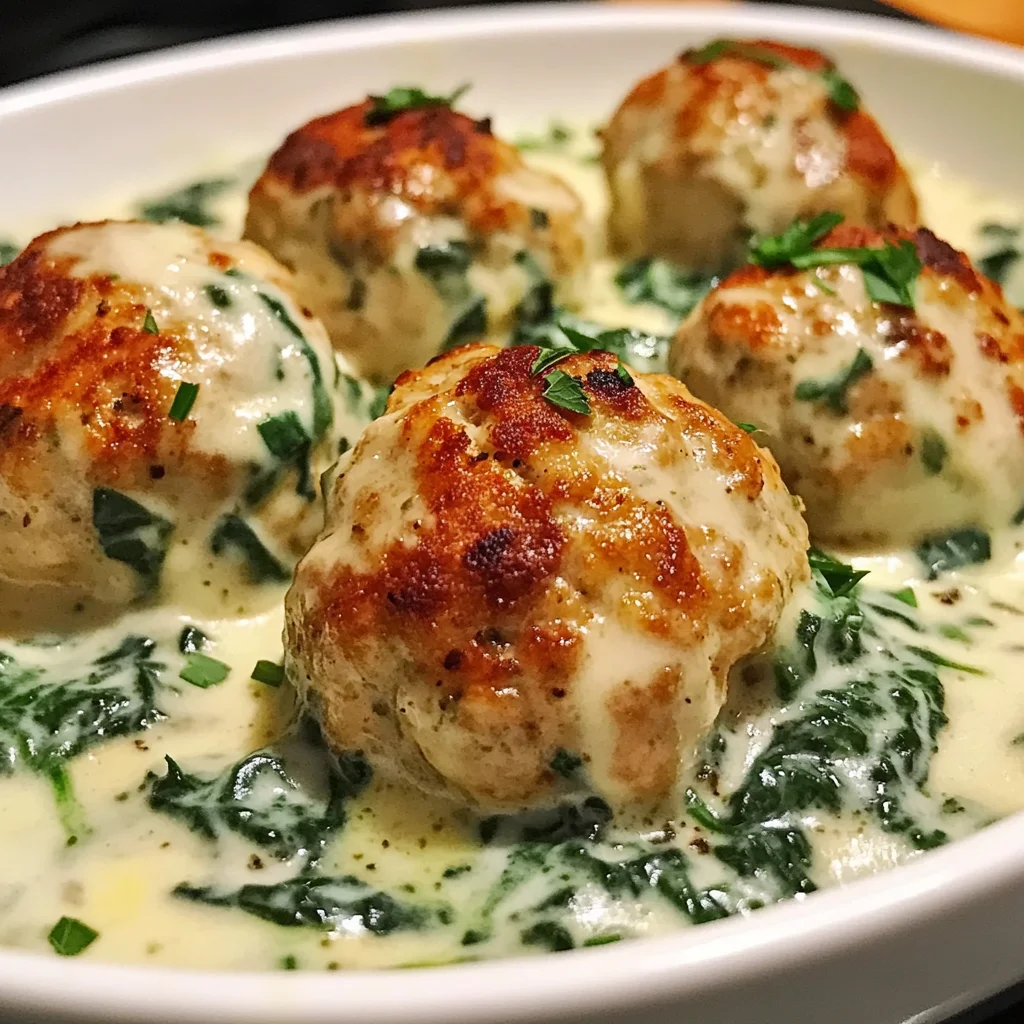 Baked Chicken Ricotta Meatballs with Spinach Alfredo Sauce