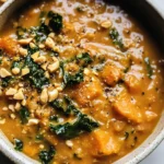 Spicy Peanut Soup with Sweet Potato + Kale