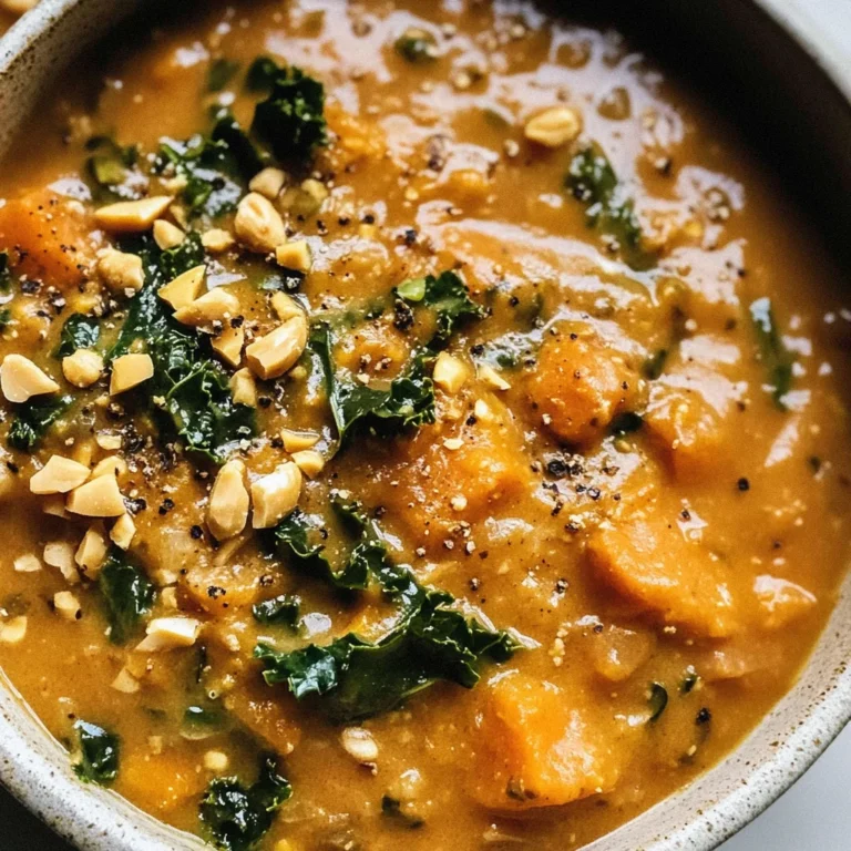 Spicy Peanut Soup with Sweet Potato + Kale