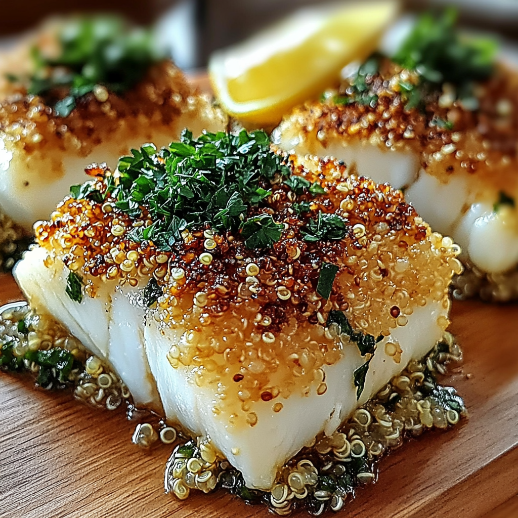 Garlic Lemon Cod with Crispy Quinoa Crust