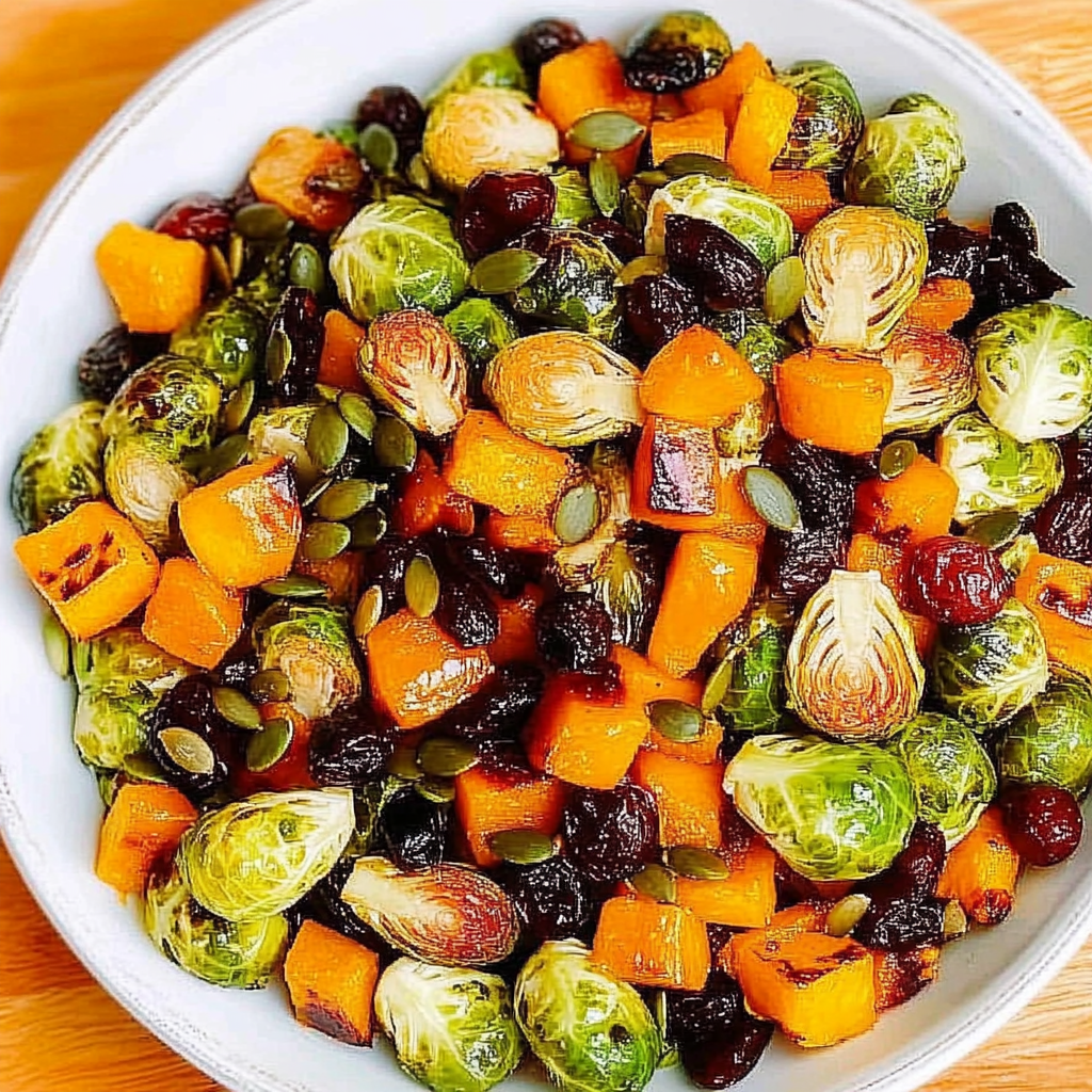 Roasted Brussels Sprouts Salad with Maple Butternut Squash, Pumpkin Seeds, and Cranberries