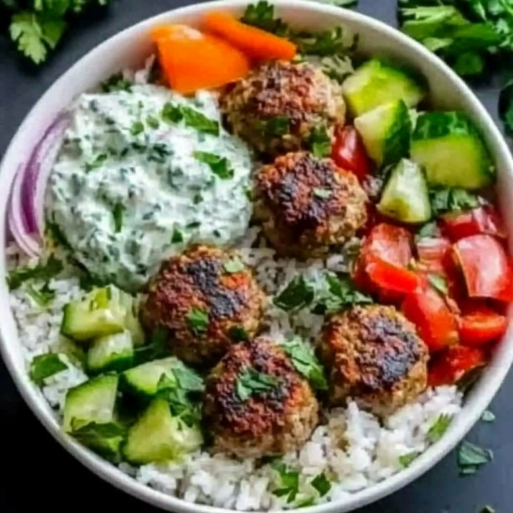 Greek Meatball Bowl with Tzatziki, Rice & Fresh Veggies: An Incredible 7-Ingredient Recipe